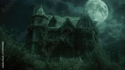 A hauntingly beautiful gothic mansion sits in eerie silence, with the bright full moon casting an otherworldly glow over the ominous structure. Resplendent.