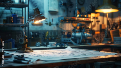 An illuminated desk lamp stands over blueprint plans on a workshop table, with tools and machinery in the dimly lit background, suggesting a late-night work environment.