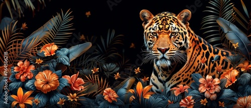 An illustration of a flamingo, panther, tiger, leopard, palm leaves, flowers, textures and backgrounds. Illustrations for posters, backgrounds, and covers.