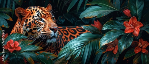 Tropical jungle, animals and flowers. Illustrations of flamingos, panthers, tigers, leopards, palm leaves, flowers and textures. Poster, background and cover designs. photo