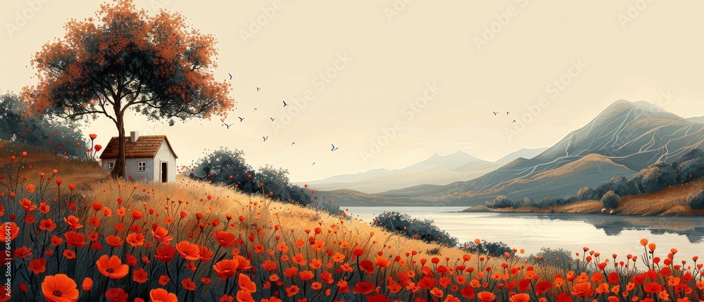 House, lake, village, tree, flowers. Modern illustration for poster or background. - obrazy, fototapety, plakaty 