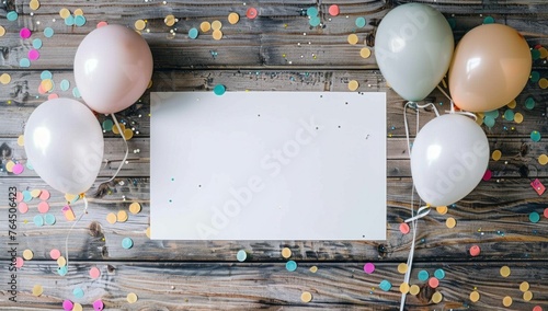 Blank Card with Balloons on Wooden Table photo