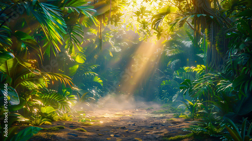 Mystical Forest Atmosphere, Sunlight through Trees in a Lush Green Jungle