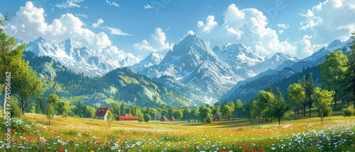 This modern image shows trees, forests, mountains, flowers, plants, houses, fields, farms, and villages. It is suitable for use as a backdrop, card, or cover. © DZMITRY