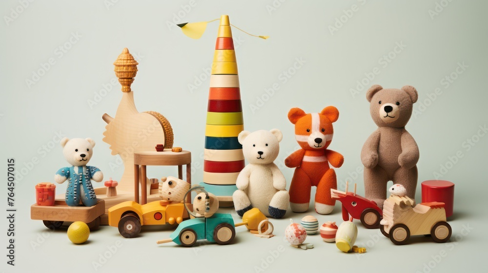 Children's toys, teddy bears, stacks of books and wood stack towers, happy childhood.
Children's toys, teddy bears, stacks of books and wood stack towers, happy childhood.