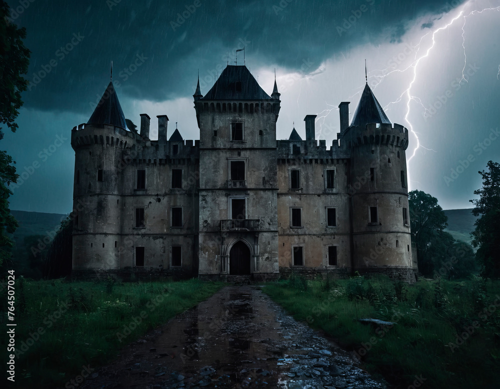 An old mysterious abandoned castle illuminated by bright lightning during the night rain. An old mysterious abandoned castle illuminated by bright lightning during the night rain.