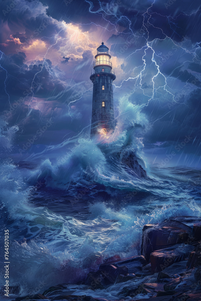 Digital artwork of a lighthouse standing resolute amidst tumultuous sea waves under a stormy sky illuminated by lightning