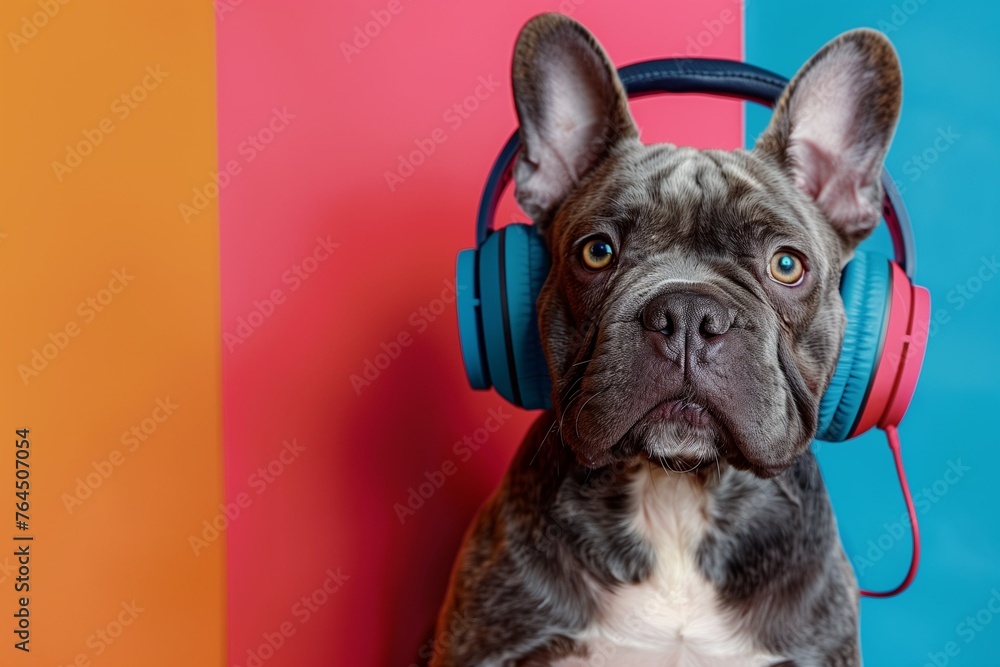 portrait french bulldog in headphones in multicolor background with yellow, blue, pink color