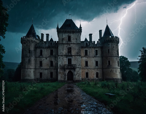 An old mysterious abandoned castle illuminated by bright lightning during the night rain.
