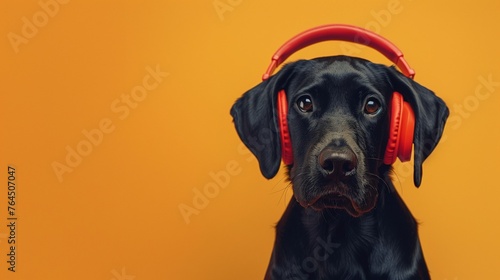 portrait of a labrador dog in red headphones on yellow background