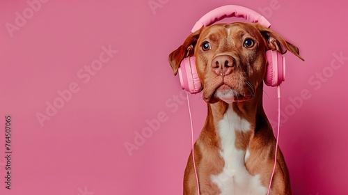 portrait of a vizsla dog in pink headphones on pink background photo