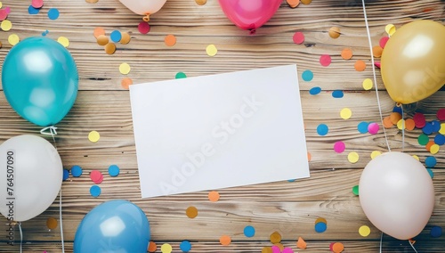 Card with Balloons on Wooden Background