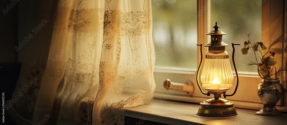 A simple lamp placed on top of a windowsill, casting a soft glow against the background