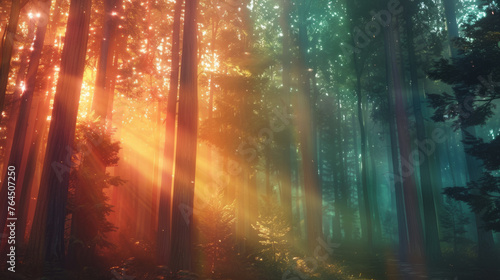 A serene forest scene with sunlight piercing through the dense canopy of tall trees, illuminating the mist and creating a magical, ethereal atmosphere.