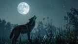A solitary wolf howling melodiously under the moonlight, creating a mesmerizing atmosphere.