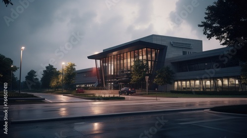 Modern sleek warehouse office building facility exterior architecture, steel, night, cloudy, overcast