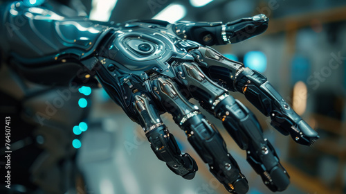 Close-up of a highly detailed robotic hand with an illuminated body in the background, showcasing advanced technology and artificial intelligence concepts.