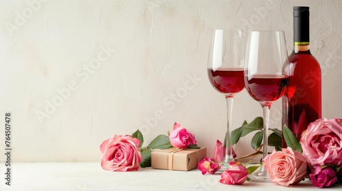 Wine glasses with bottles on the table, pink flowers. ,blushed grapes in a wine shop, Copy Space white background. photo