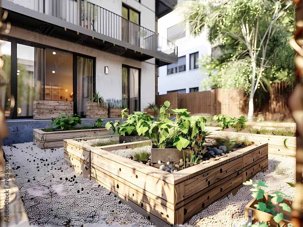 AI-Generated Image: Modern Sustainable Home Garden with Raised Plant Beds
