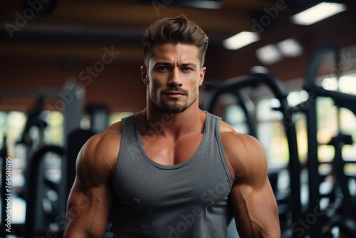 Young male athlete bodybuilder doing sports exercises in the gym to build body muscles