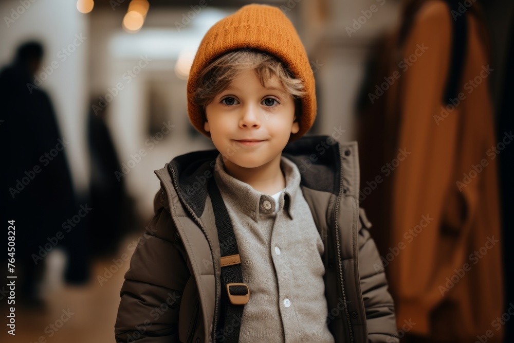 Portrait of a cute little boy in a hat and coat with a backpack on the street. Portrait of a cute little boy in a hat and coat with a backpack on the street.