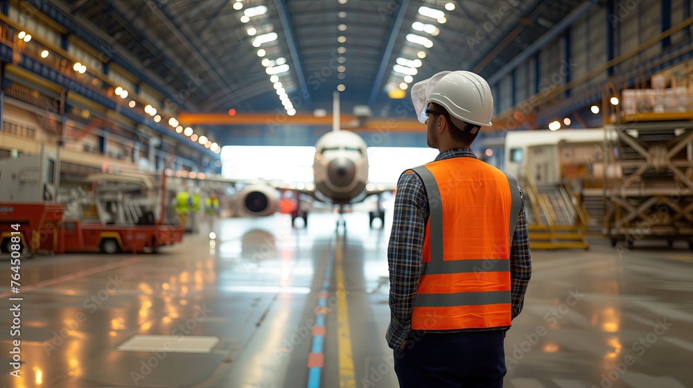 Young Technician in Reflective Vest Observes Airplane Assembly in Aircraft Hangar
