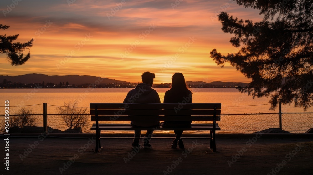 couple sitting on a bench at sunset