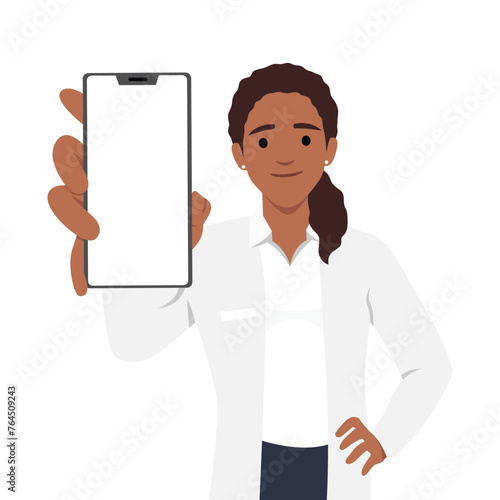Female doctor holding phone with blank screen. Flat vector illustration isolated on white background