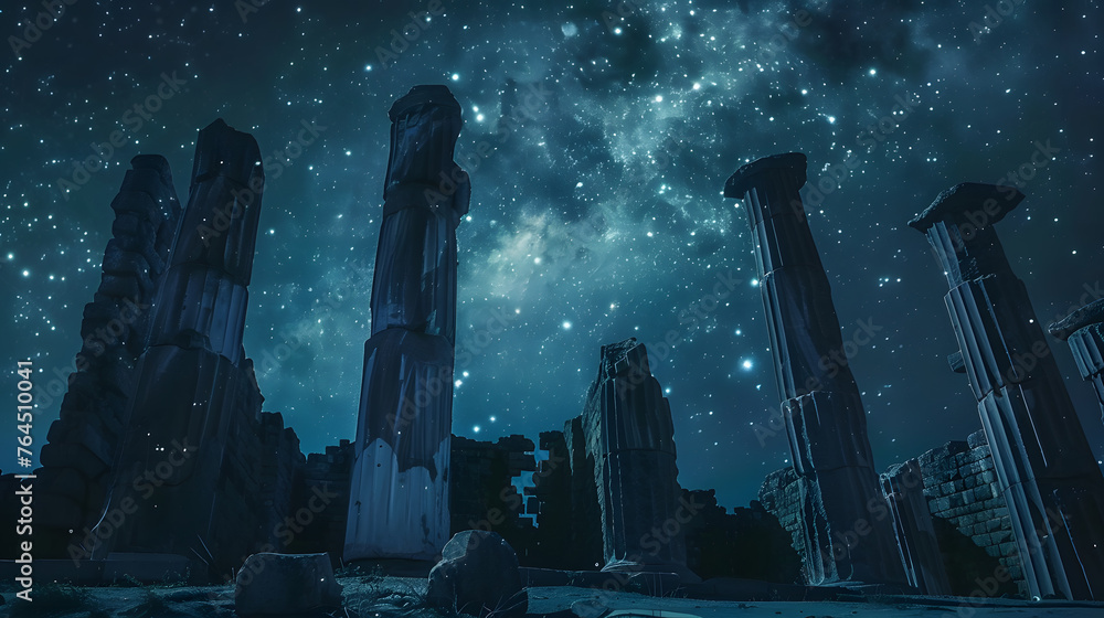 Majestic ancient pillars reaching towards a glittering Milky Way, bridging the realms of history and the infinite cosmos - obrazy, fototapety, plakaty 