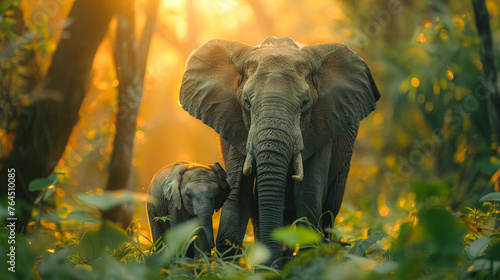 Elephant and Calf Exploring Lush Jungle.
