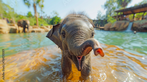 Playful Baby Elephant Splashing in Water.