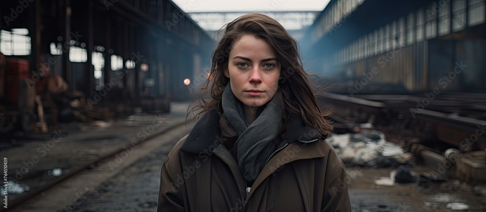 A female standing in a railway station wearing a scarf around her head A female standing in a railway station wearing a scarf around her head