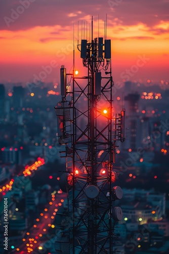5G cell towers, infrastructure of modern communication, city background
