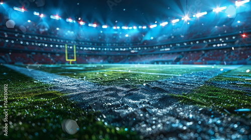 Closeup of American football stadium, detailed field lines and turf, vibrant and immersive photo