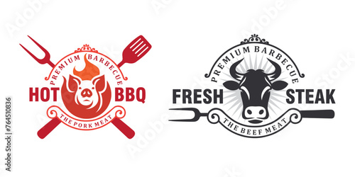 barbeque grill bbq barbecue emblem badge set vintage logo vector graphic template photo
