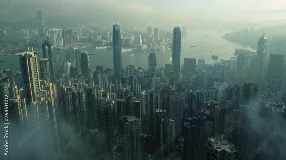 Imagine a dystopian city with towering skyscrapers, dense smog, and stark contrasts between wealthy and impoverished areas  - obrazy, fototapety, plakaty 