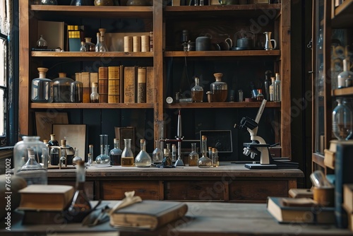 A vintage laboratory with old-fashioned glassware, antique microscopes, and shelves filled with dusty books and journals, Generative AI