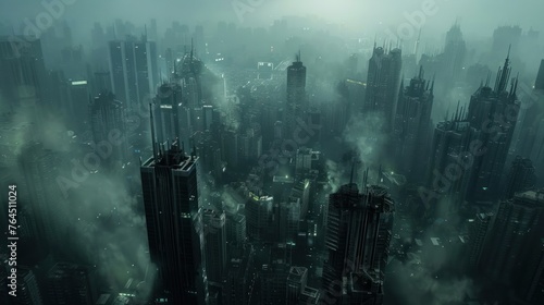 Imagine a dystopian city with towering skyscrapers, dense smog, and stark contrasts between wealthy and impoverished areas 