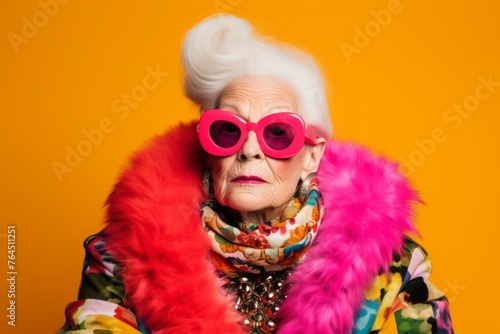 Fashionable senior woman in a fur coat and sunglasses. Yellow background.