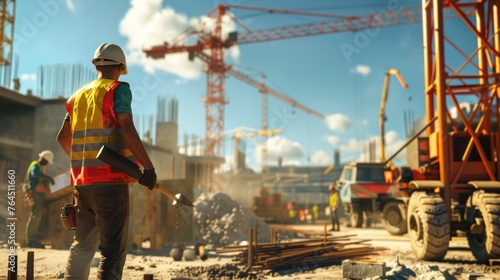 Imagine a scene of bustling activity at a construction site on a bright, sunny day. In the foreground,