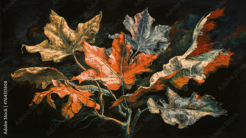 Sycamore tree leaves depicted as oil painting in autumn colors.