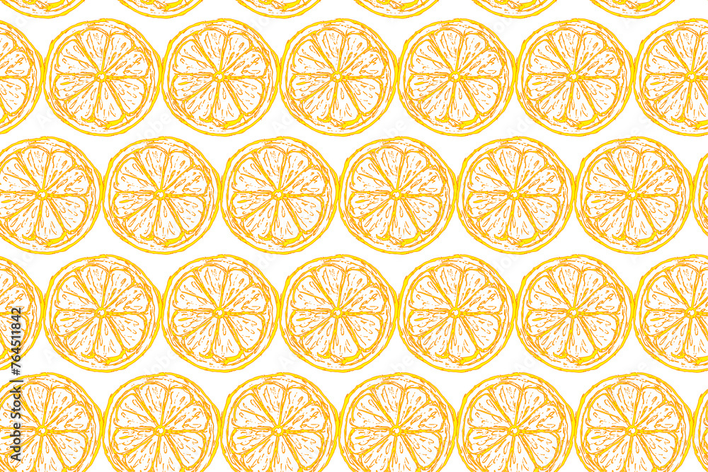 Seamless pattern of oranges. Slices of citrus orange lemons are arranged in a row on a white background. Seamless pattern of oranges. Slices of citrus orange lemons are arranged in a row on a white background.