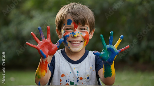 Smiling boy with paint on his hands and face 0 a young smiling boy  engaged in painting with paint on his face and hands. Young creative hands
