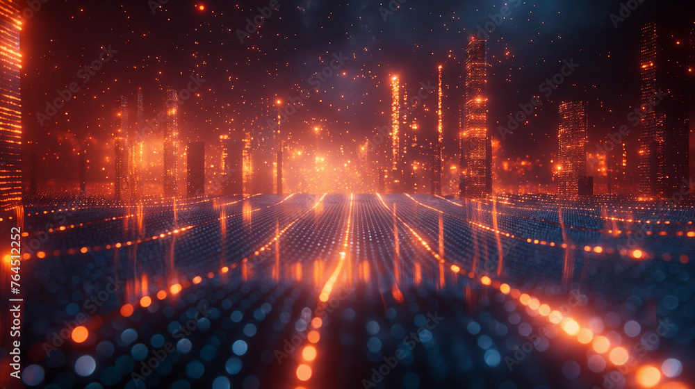 Fototapeta premium Abstract tech background. Floating Numbers HUD Background. Matrix particles grid virtual reality. Smart build. Grid core. Hardware quantum form.