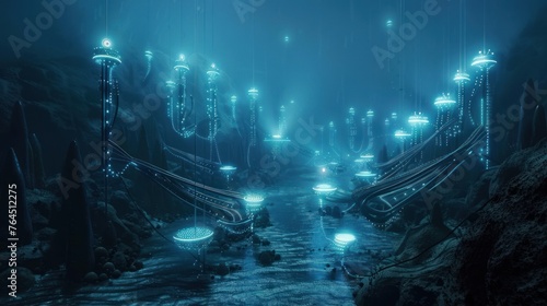 Imagine a submerged landscape where futuristic data centers rest on the ocean floor, illuminated  photo
