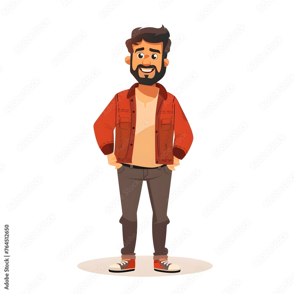 Cheerful Actor in Flat Design Casual Wear, Red Jacket, and Beard Stubble on White Background