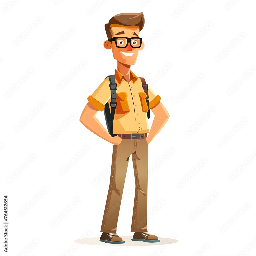 Cheerful Cartoon Teacher in Yellow Shirt and Tan Pants with Backpack on White Background