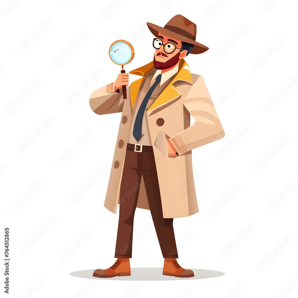 Cheerful Detective in Elegant Trench Coat, High Detail Flat on White Background Cheerful Detective in Elegant Trench Coat, High Detail Flat on White Background