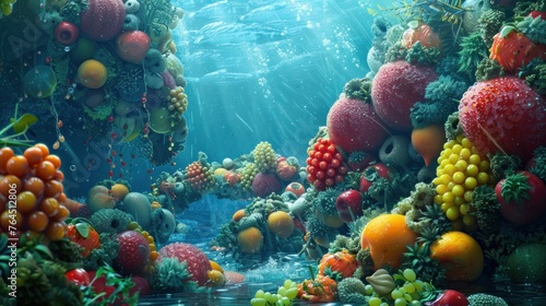 Imagine an undersea world where coral reefs and marine life are replaced with fruits, offering a vibrant and surreal oceanic landscape