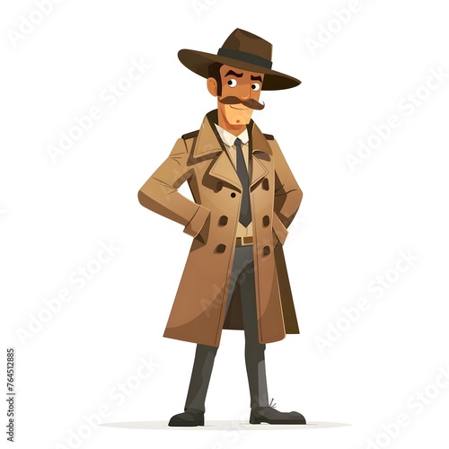 Cheerful Detective in Trench Coat and Hat: A Flat Design